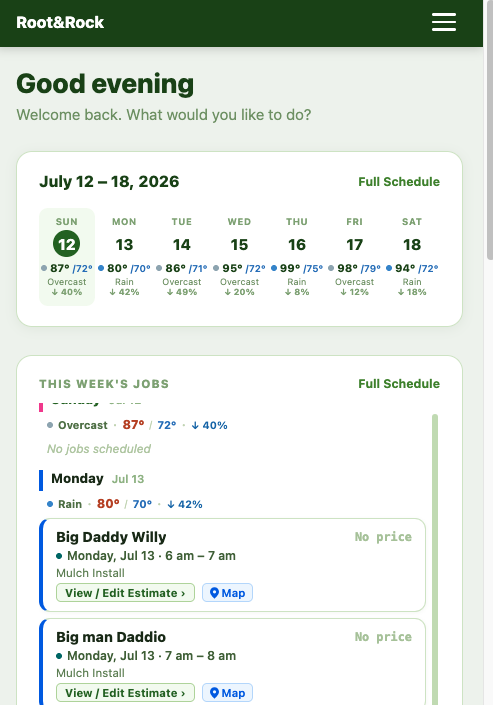 Root&Rock scheduling dashboard with weekly jobs and weather forecast
