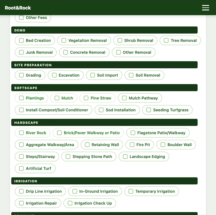 Root&Rock estimate builder with landscaping service categories