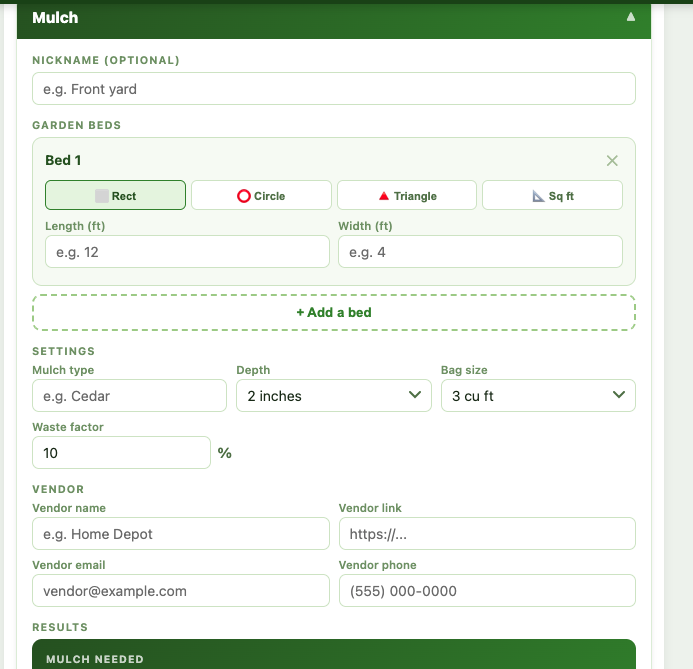 Root&Rock mulch calculator with bed dimensions and material settings